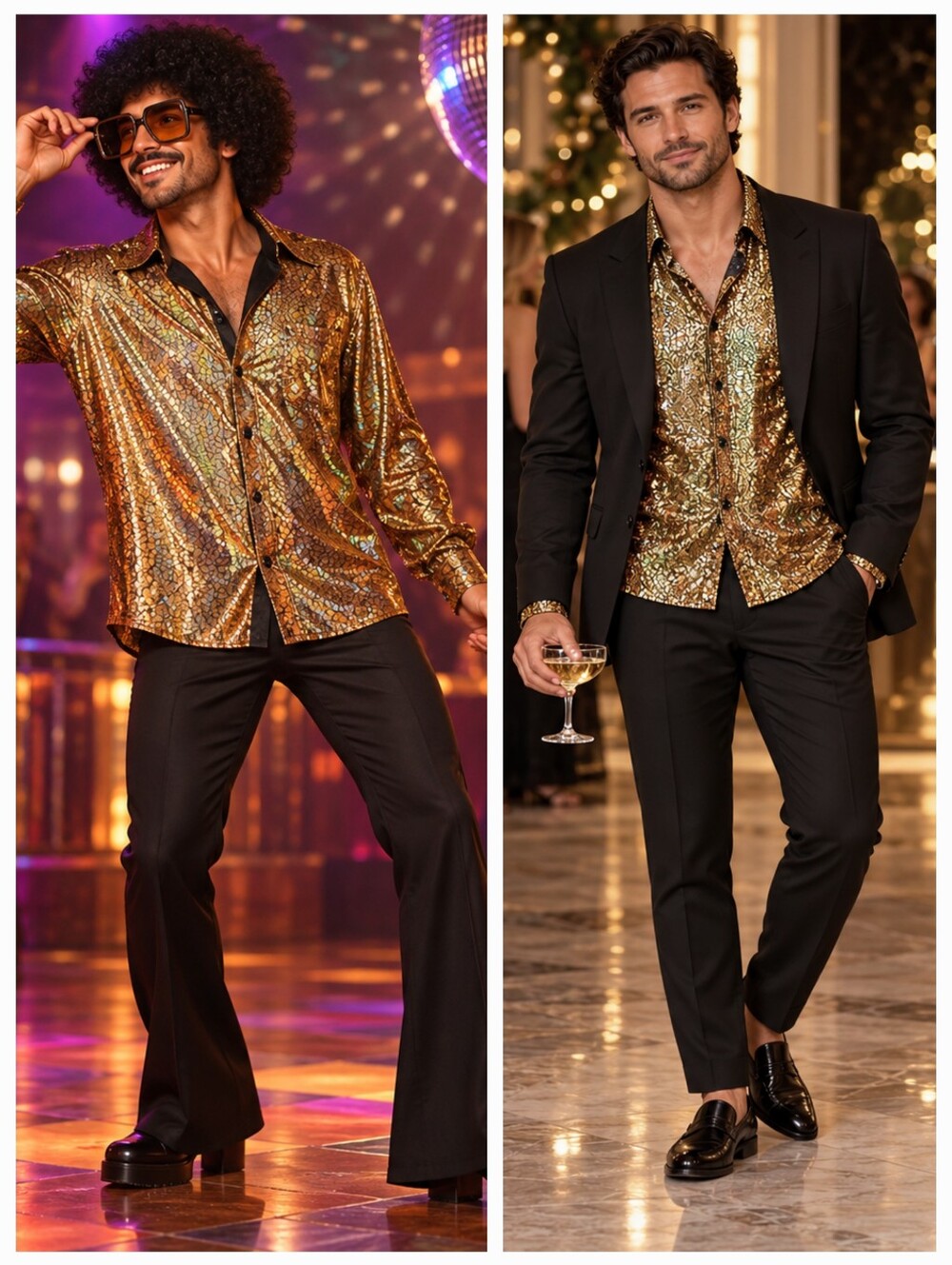 WULFUL Men’s Gold Holographic Metallic Button Down Disco Shirt 70s Costume Sz L